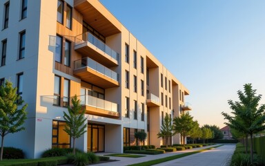 Modern apartment building exterior. Modern residential building with balconies and landscaped surroundings in a suburban setting.