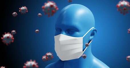 Covid-19 cells against human head model wearing mask