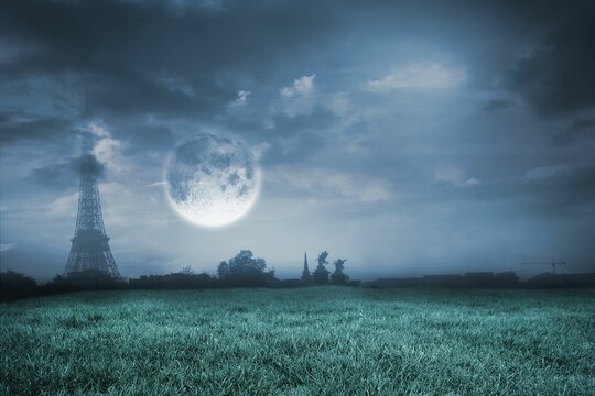Fototapeta Digital composite of Bright moon over paris