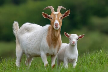 Obraz premium A goat and kid stand in green grass the adult with white and brown coat horns