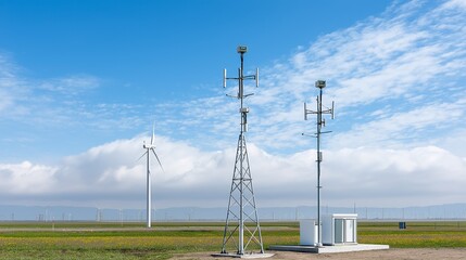 Wind measurement instruments are installed on a meteorological mast at a wind farm, collecting crucial data on wind patterns and environmental conditions for resource evaluation