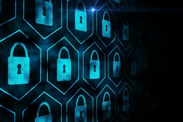 Glowing blue padlock icon grid is floating in flat design on dark smoky background, lens flare