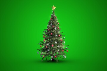Flat Christmas tree is standing on green backdrop with star topper, tinsel, baubles, snowflakes