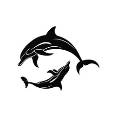 Obraz premium Two Dolphins Jumping in Silhouette on White Background,Generative Ai