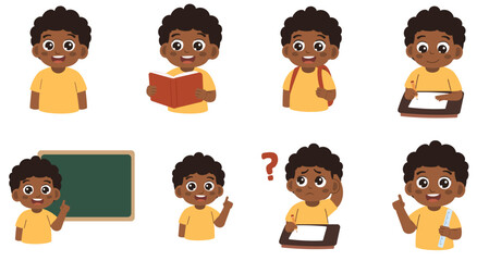 Cute African School Boy Cartoon Illustration