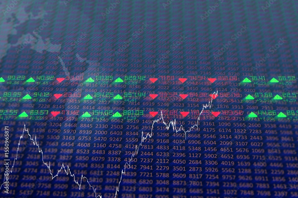 Poster flat design financial dashboard is showing numbers grid with arrows, line chart and map silhouette