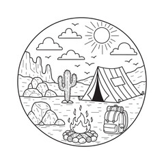 Fototapeta premium Desert Backpacking Campsite Lineart Illustration
