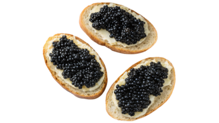 Three black caviar sandwiches isolated on white background. Suitable for marketing or business purposes. PNG file