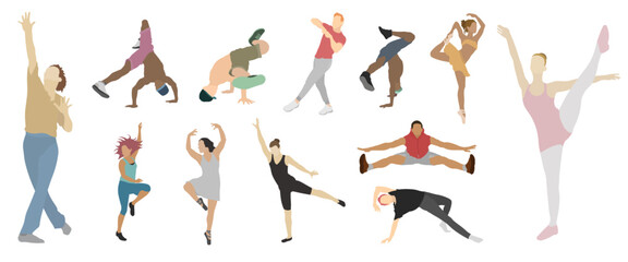 Dancers in colors set with different types of dance in cad vector in editable lines