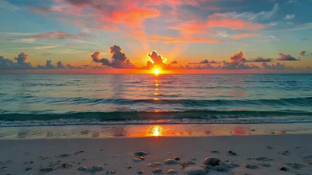 sunset on the beach , Ocean sunset with orange sky and clouds reflecting on the water surface hd video , 4k video , mp4