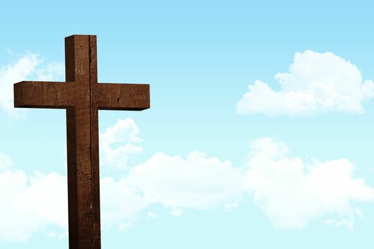 Fototapeta Wooden cross is standing against blue sky with clouds in flat design, featuring rough texture