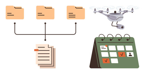 File folders connected via network, drone with camera, scheduling calendar, and documents. Ideal for project planning, file sharing, security monitoring, scheduling tasks, technology integration