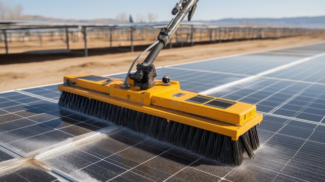 Specialized brushes are used to remove dust and debris from solar panels in a solar farm, utilizing deionized water systems for effective cleaning and environmental compliance