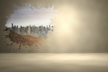 Splash on wall revealing cityscape
