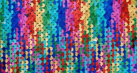 Vibrant rainbow sequins fabric texture with colorful sparkle background.
