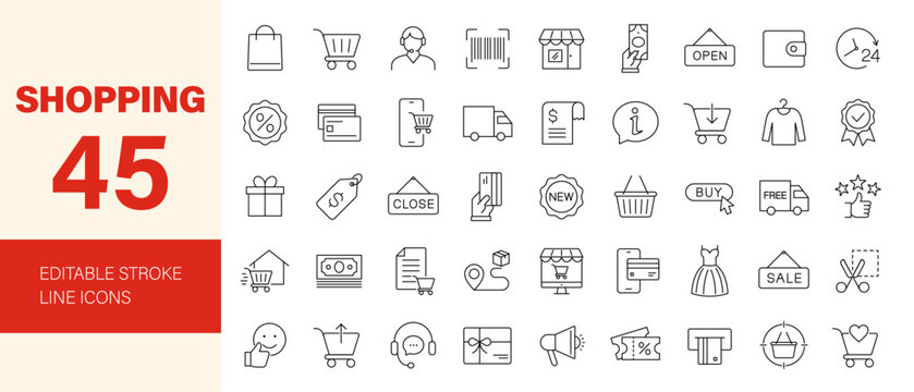 Shopping icon set. Containing e-commerce, costumer, store, purchase, online shopping, promotion, shopping cart, gifts, price and more. Editable line icons. Vector illustration.