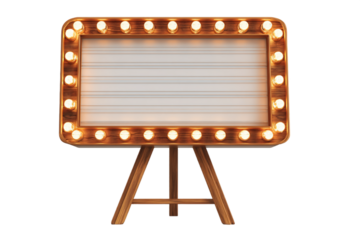 Blank White Signboard with Warm Lights on Wooden Tripod, PNG