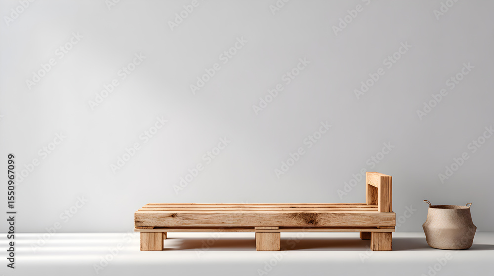 Poster wooden pallet miniature bed and decorative item, simple still life. light and shadow create a serene
