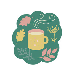 A cozy autumn mug with tea or coffee, yellow leaves and branches of plants in a flat cartoon design. Green, yellow and pink colors palette.