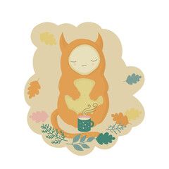 Monster spends time drinking a mug of hot tea, milk or coffee. Cozy autumn weekend, tea party in the park or outdoors. Cute sticker, or printed illustration with funny cartoon character.