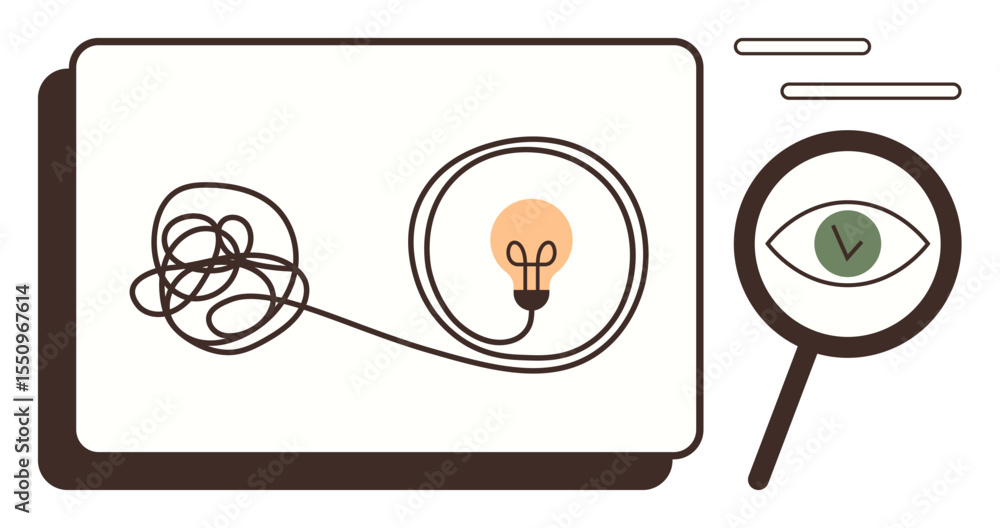 Poster tangled line ending in a bulb next to a magnifying glass with an eye inside, symbolizing problem res