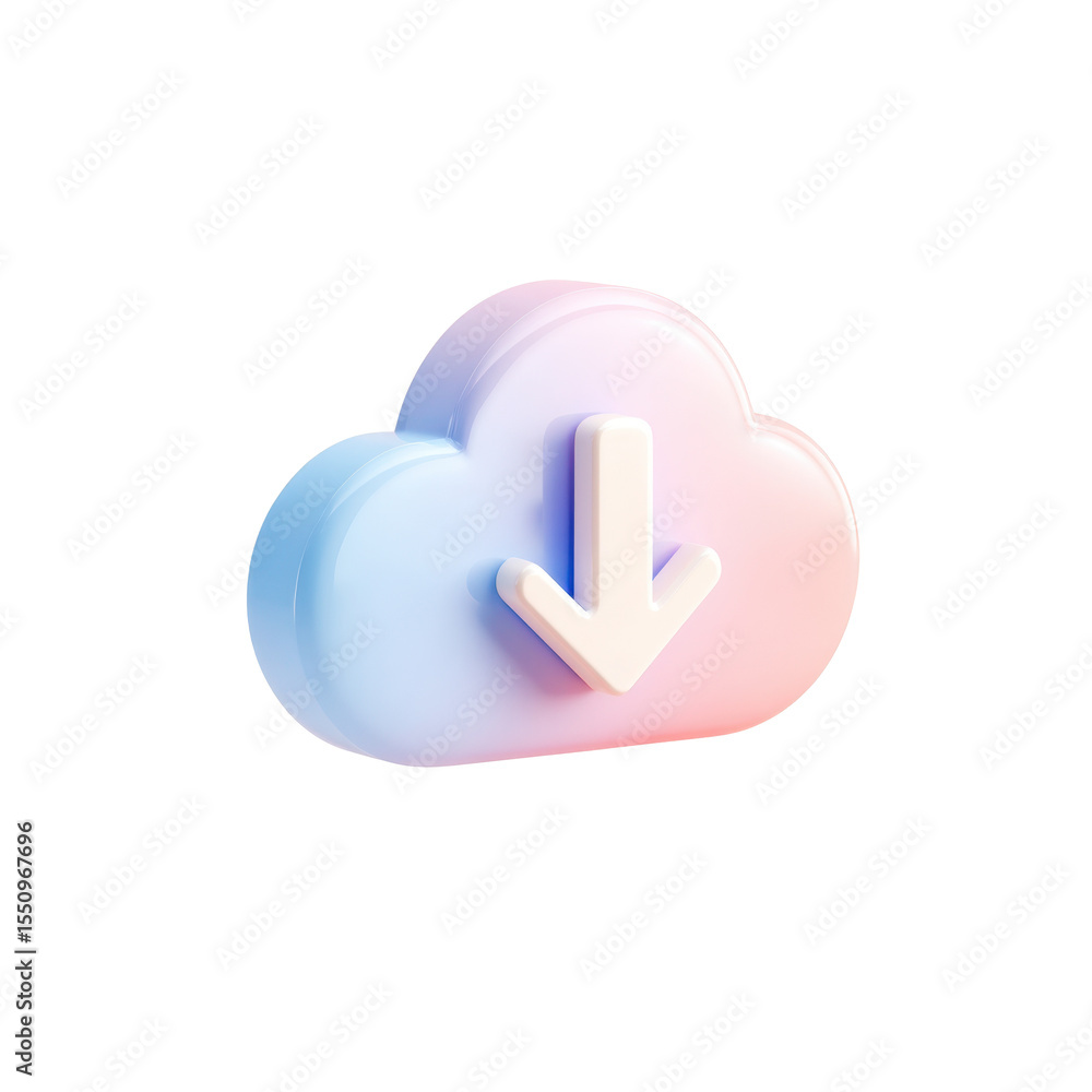 Poster transparent png icon of a 3d cloud computing symbol with pastel colors featuring an arrow for clean 