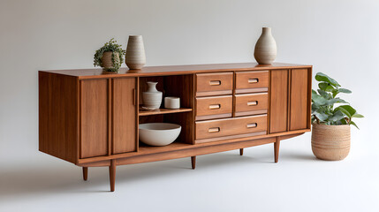 A stylish mid-century wooden sideboard with decorative items placed on top and indoor plants