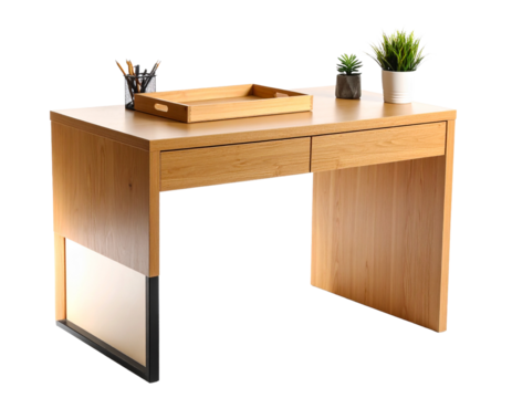 Minimalist wooden desk with plant and organizer tray. Ideal for workspace or interior render scenes.