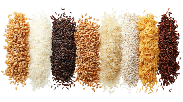 Assortment of different rice grain types Transparent background, PNG