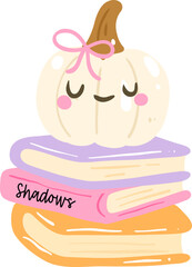 Kawaii Pumpkin on Book Stack Illustration, Cute Pastel Halloween Clipart with Pink Bow and Spooky Book

