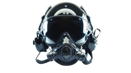 Aviation pilot helmet with oxygen mask and headset Transparent background, PNG