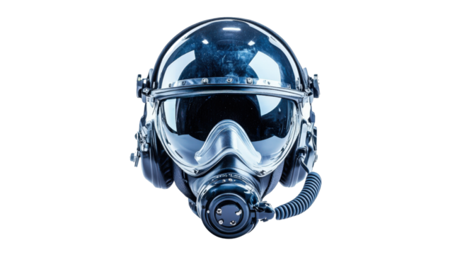 Aviation pilot helmet with oxygen mask and headset Transparent background, PNG