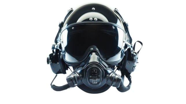 Aviation pilot helmet with oxygen mask and headset Transparent background, PNG