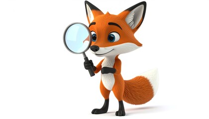 Obraz premium Cheeky fox in 3D holds a magnifying glass, striking a detective pose, isolated cleanly on white. 