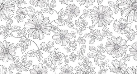 Obraz premium Elegant Monochrome Floral Pattern Seamless Line Art Design for Print and Web