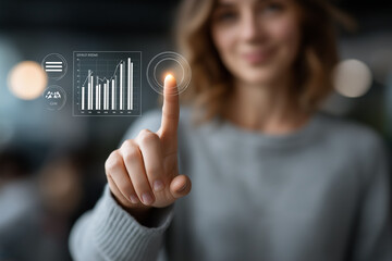 Woman's hand reaching for augmented reality interface with virtual KPI metrics, bar charts and glowing AI icons in the air, blurred modern office background