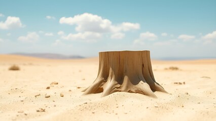 Sunlit Tree Stump on Sandy Terrain with Blue Sky and Distant Hills – Photorealistic Nature Scene
