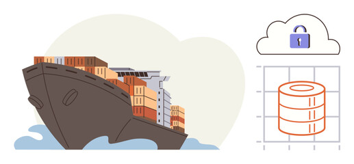 Cargo ship loaded with containers on water, cloud with lock representing security, data graph visualization. Ideal for logistics, cybersecurity, shipping, data management, technology, global trade