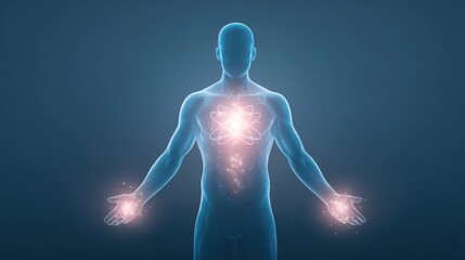 A human figure channeling mental power, merging with atomic energy, symbolizing energy control, life balance, the law of attraction, and the act of manifesting.