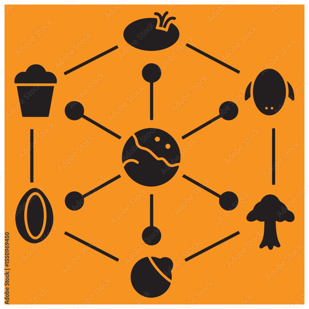 Poster abstract illustration of connected food elements arranged in a circular pattern