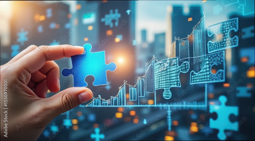 Poster strategic business growth puzzle concept with data visualization