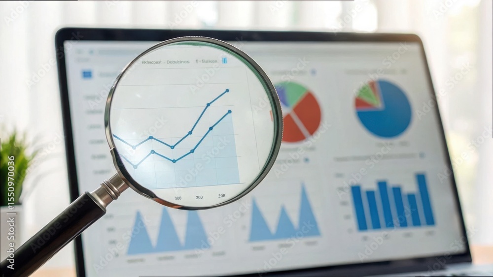 Poster analyzing marketing analytics data with magnifying glass on laptop