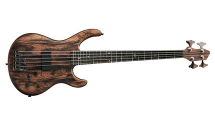 Bass guitar with five strings, dark wood texture and metallic details Transparent background, PNG