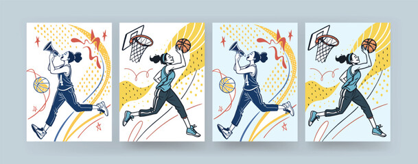 Female Basketball Player Dunk Illustration – Dynamic Sport Poster Set. grunge style, sketch, lettering. Hand drawing. Sports print, cover, slogan, template, sports covers, basketball hoop