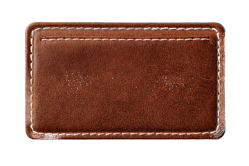 Brown Leather Label with White Stitching on Transparent Background, PNG