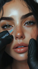 The image shows a close-up of a woman’s face on the left side of the frame. She has well-groomed dark eyebrows, long black hair, and natural, glowing makeup that emphasizes her eyes and skin tone.