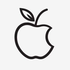 Logo for a wellness brand: A heart shape seamlessly integrated into the curve of the apple, with two leaf outlines. Black vector art on a white background.