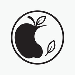 A yin-yang symbol where one half is a stylized apple and the other is empty space, with the two leaf outlines acting as the dots. Black vector art on a white background.