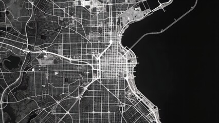 Striking Top-Down Monochrome City Map with Roads and Waterfront