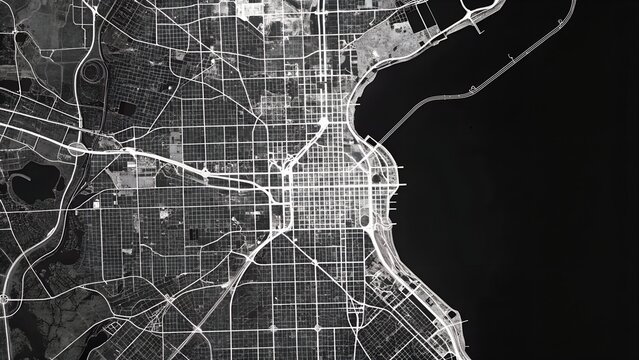 Striking Top-Down Monochrome City Map with Roads and Waterfront - Powered by Adobe